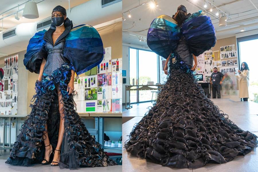 Julia Choi and Lea Na integrated over one-thousand laser-cut organza masks to create their stunning eveningwear ensemble.