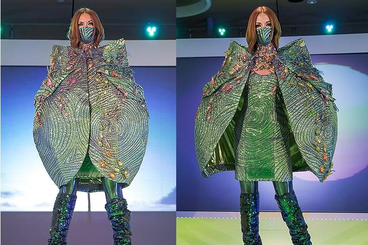 Green irridescent jacquard dress and coat inspired by insects, designed by Soline Gauthier. 