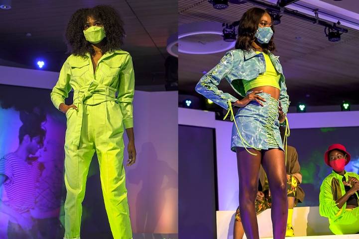 Lime green jumpsuit and laced-up skirt ensembled designed by Tico Conde-Porto. 