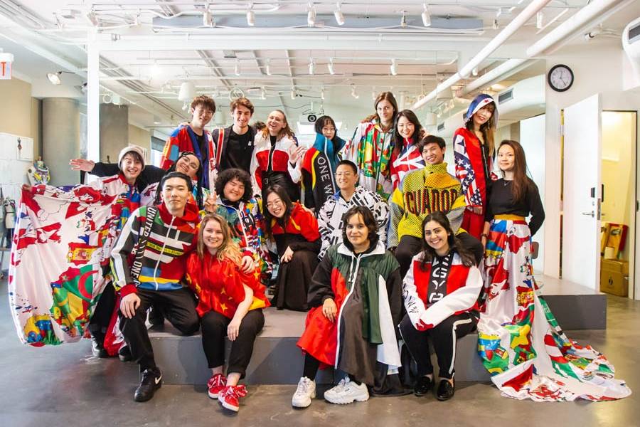 Group shot of Juniors on the MICHI team. Special thanks to Mr. Kirk Hyde, Otis College Trustee, for his generous contribution toward the “World Map” printed fabric, donated for this project.