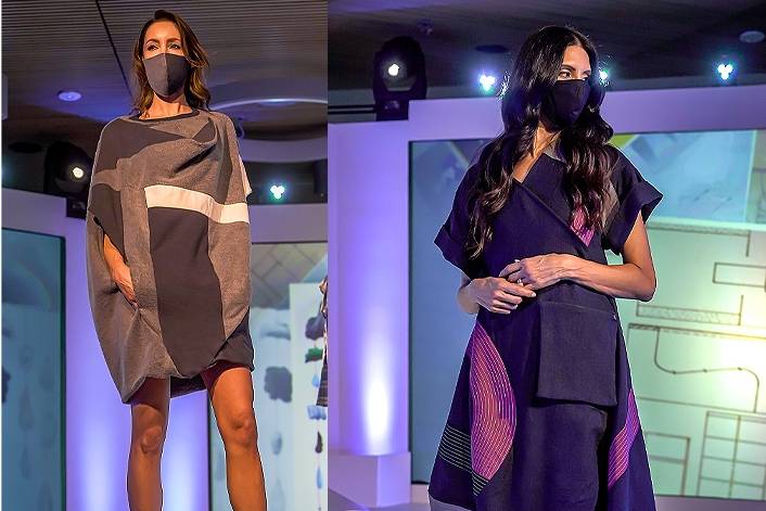 Left: organic fleece dress designed by Farhan Fallahifiroozi. Right: Graphic linen dress designed by Haruka Yamamoto.