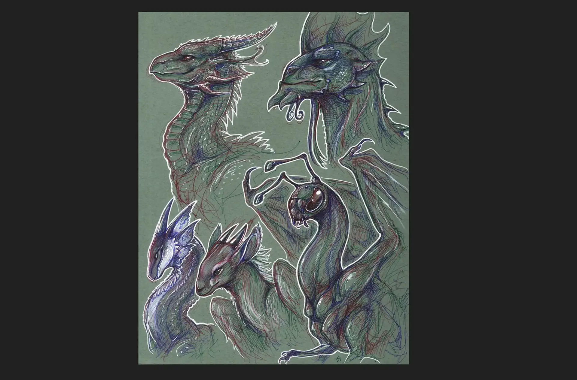 various dragon and creature heads sketches