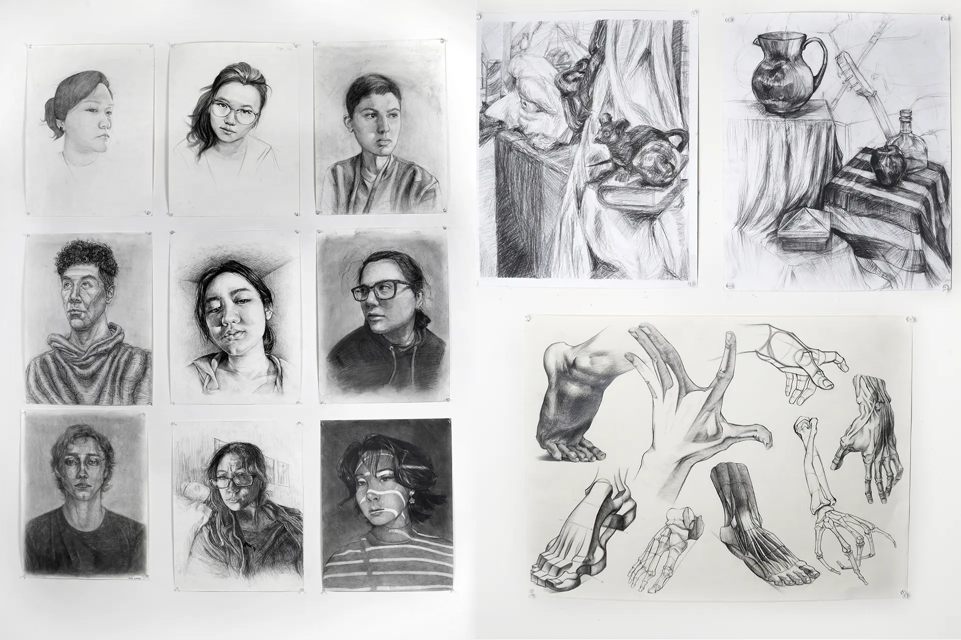 various graphite artworks from foundation studio students