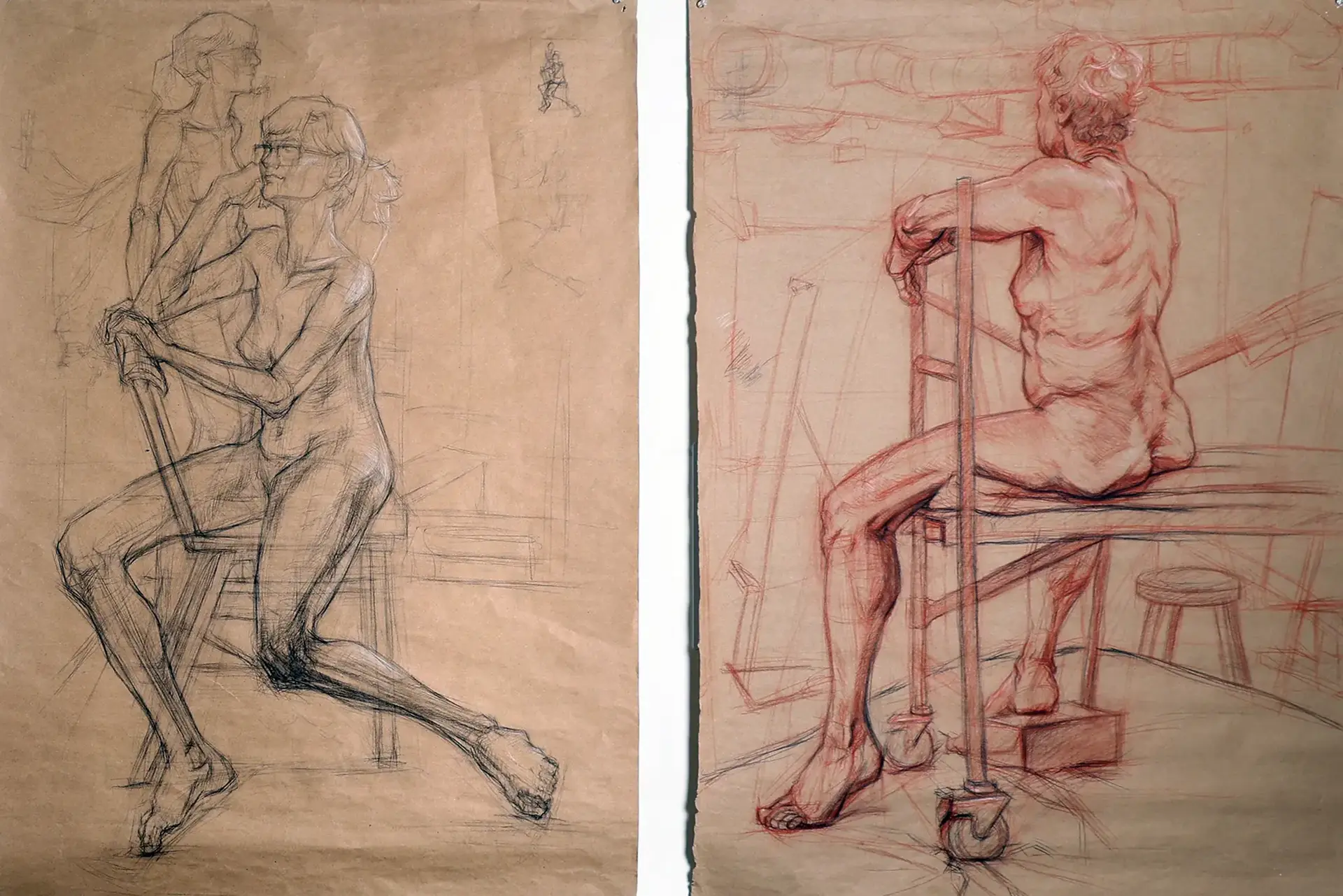 Left: Life Drawing of a woman facing forward, Right: Life drawing of a woman facing away