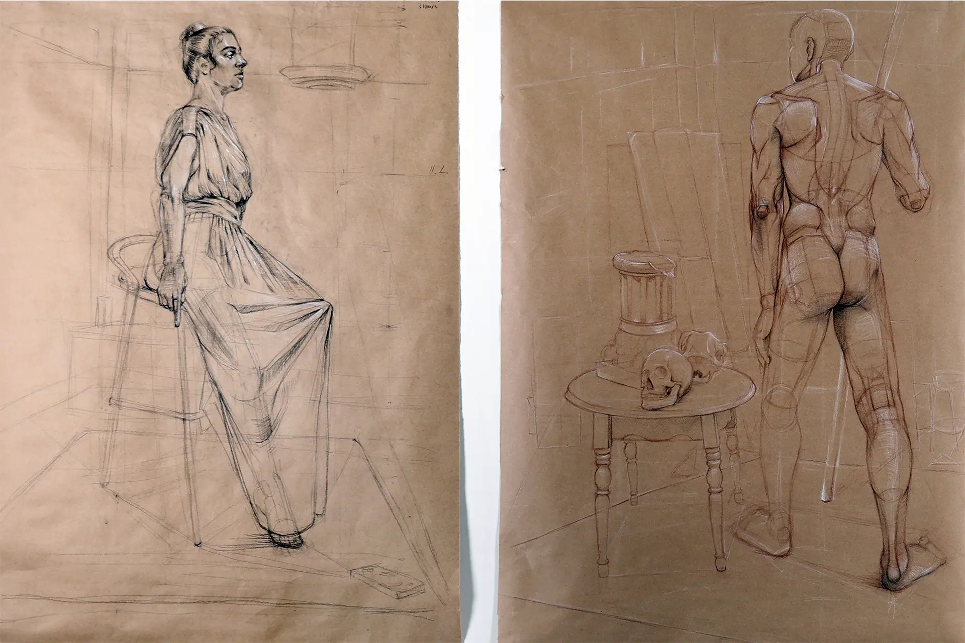 Left: Life drawing of a dressed woman quarter view, Right: life drawing of a man from the back