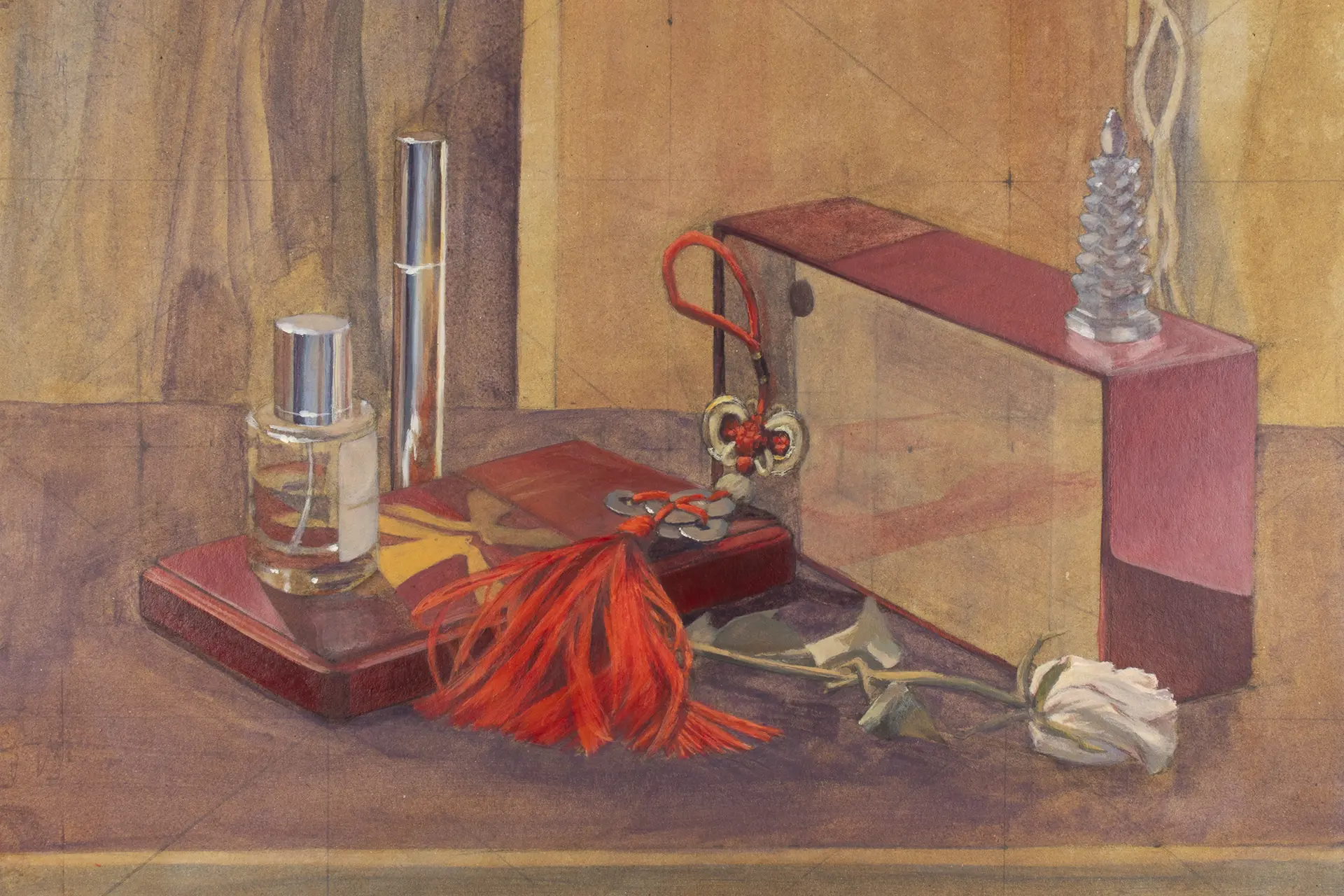 Still life pastel of nail polish, make-up box and a white rose