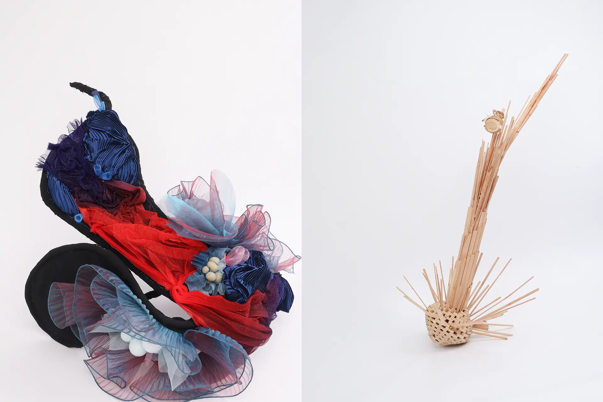 Left: sculpture made of fabrics, Right: sculpture made of wood straws