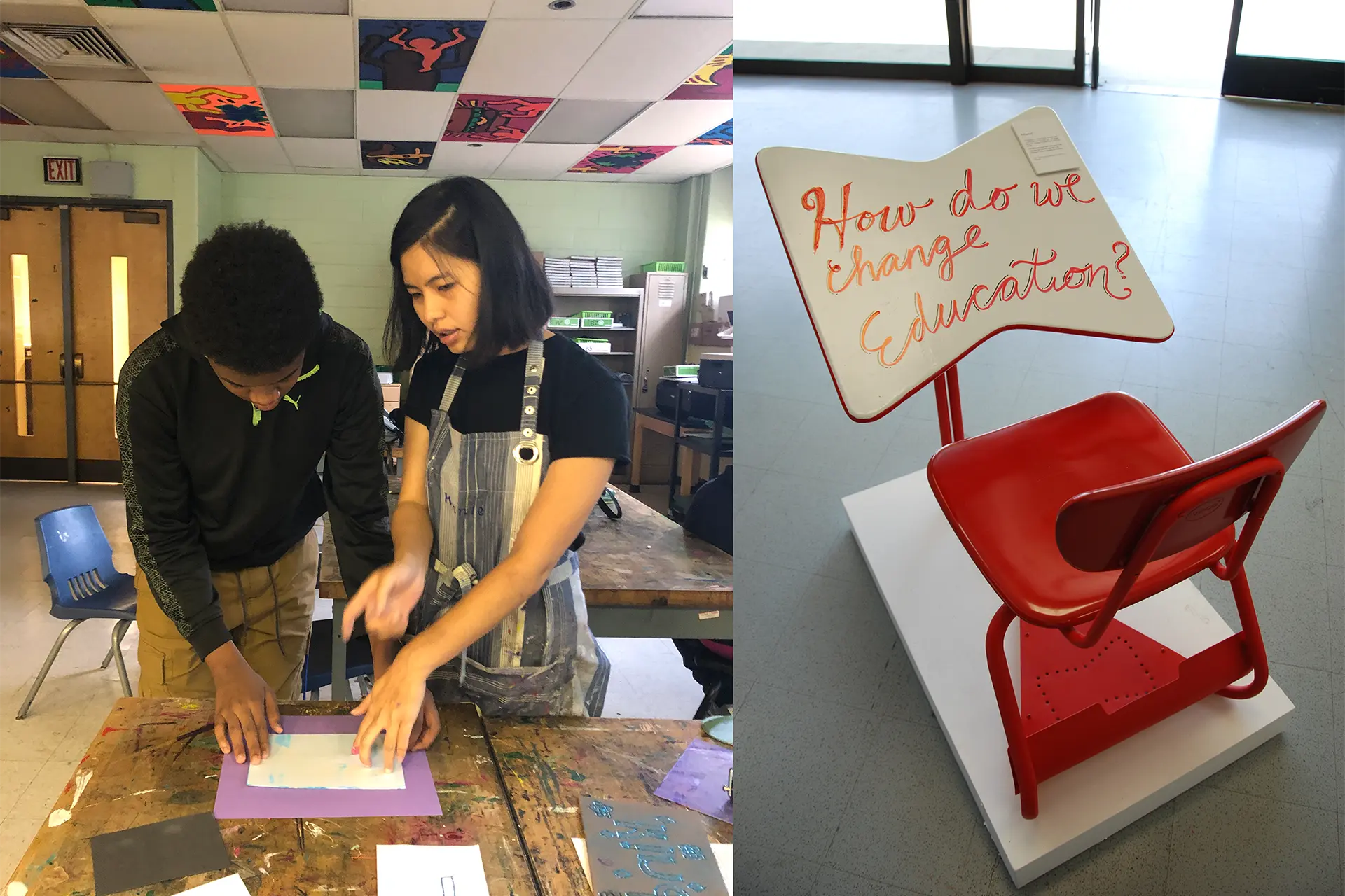 LefT: Students working on art. Right: installation, "How do we change education"