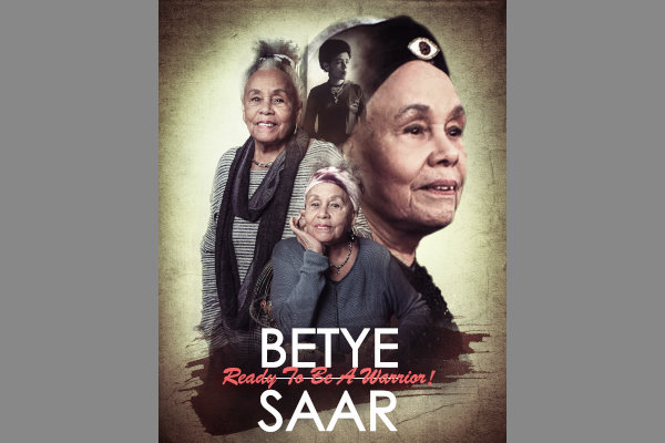 Film poster for "Betye Saar: Ready to be a Warrior!" with three headshots of Betye Saar