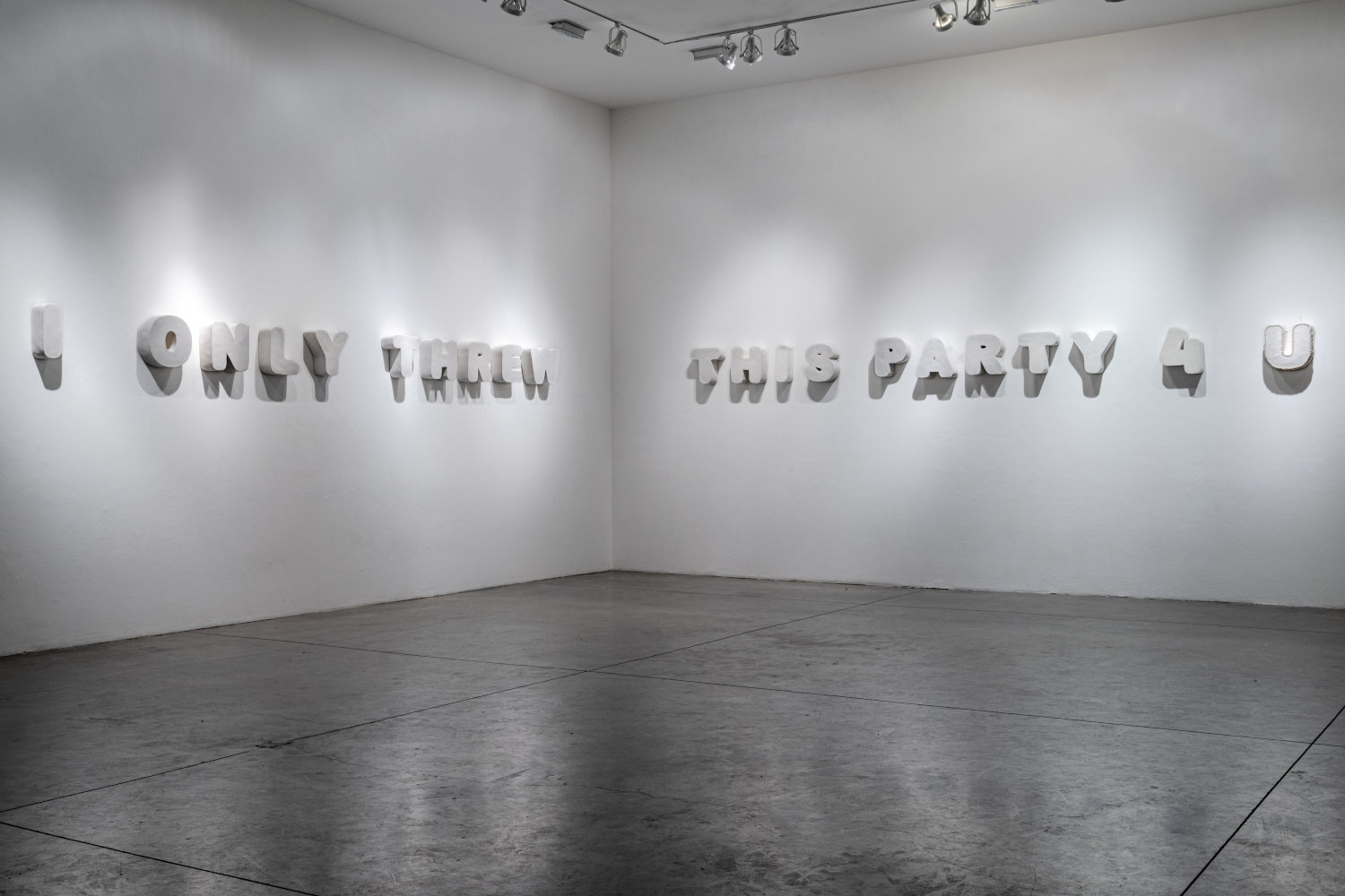 Sayer Delk artwork of letters on a wall saying "I only threw this party for you"