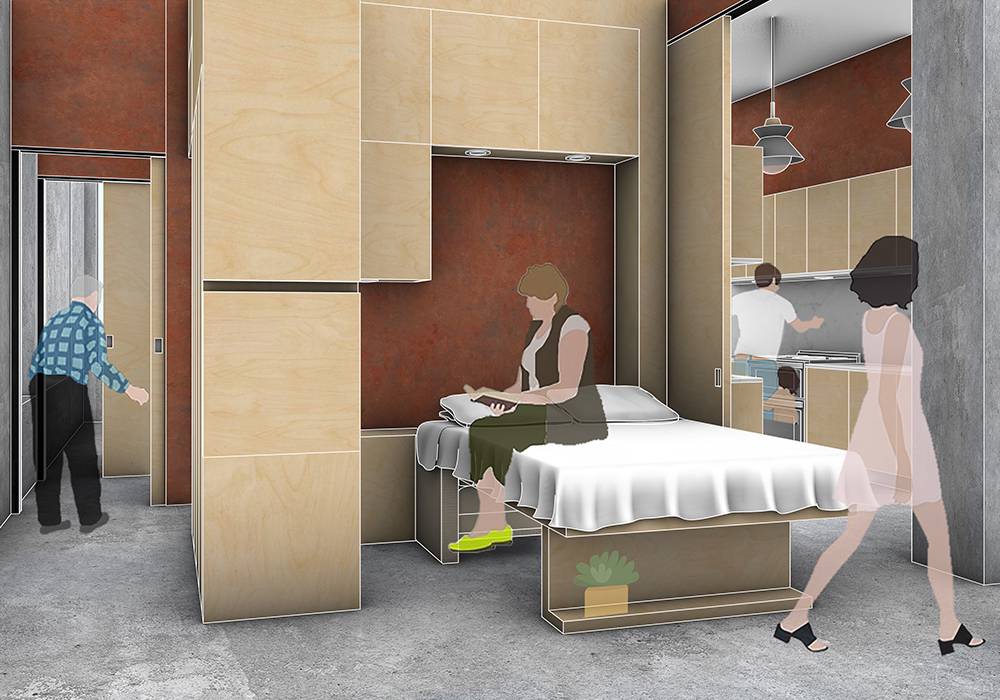 This image depicts what the living space looks like when it is being used as a bedroom. The bed has been pulled down from the wall and in the distance we can see a man cooking with his child in the central kitchen. 
