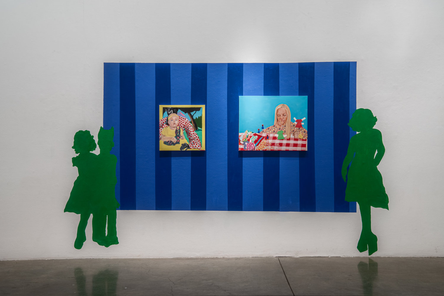Dani Iribe artwork: cutouts representing 3  people viewin two paintings