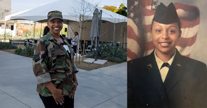 Two images: Doniell Peters in front of large awning and Doniell Peters military service photo in dress uniform