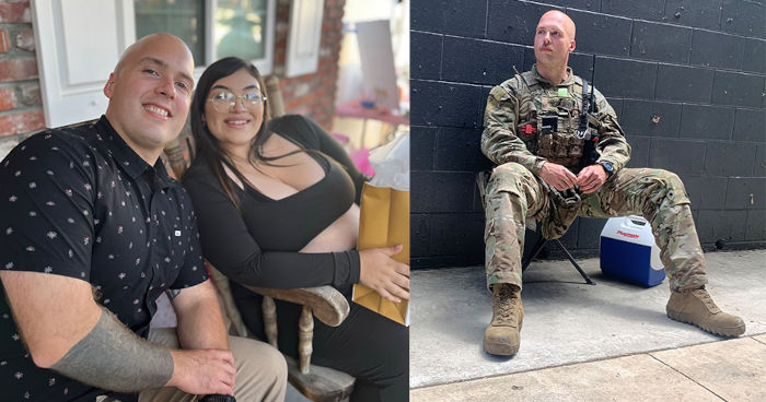 Two images: Matthew Ferreira sitting with his wife and Matthew Ferreira sitting in uniform