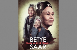 Film poster for "Betye Saar: Ready to be a Warrior!" with three headshots of Betye Saar