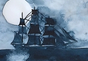 watercolor painting of a ship silhouette by the moon