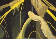 work by artist Andy Woll featuring fluid yellow marks against a dark background