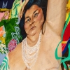Dani Iribe painting: Detail view of woman wearing a pearl necklace