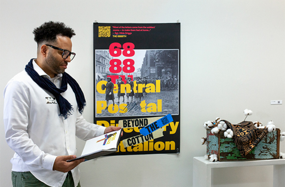 A guest looks at work in the Communication Arts exhibit during Otis College's O-Launch ’23 event.