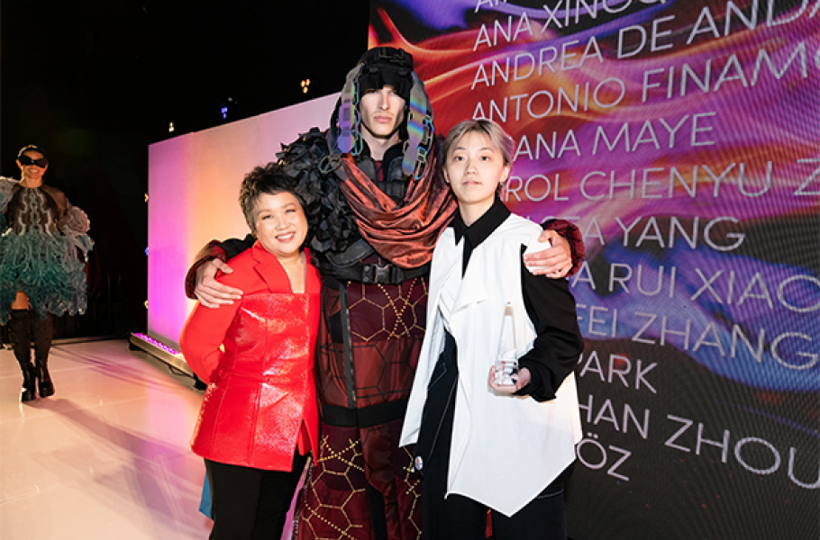 Otis College Fashion Design Chair Jill Zeleznik with Designer of the Year Wirt Li (far right)